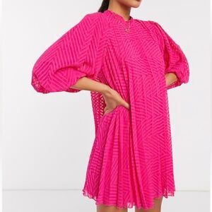 ASOS DESIGN PLEATED TRAPEZE Pink Mini Dress w/puff sleeves